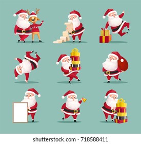 Santa Clauses set for Christmas and New Year. Vector cartoon characters isolated on blue background. Santa Clause with letter, sack, deer, poster and gifts.