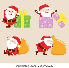 
Santa Clauses set of icons. Christmas Santa and New Year set. Christmas Santa cartoon character. Funny Santa Claus with Xmas presents, winter holiday beard characters.