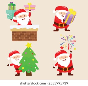 
Santa Clauses set of icons. Christmas Santa and New Year set. Christmas Santa cartoon character. Funny Santa Claus with Xmas presents, winter holiday beard characters.