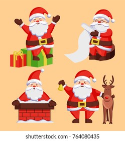 Santa Clauses set of icons. Saint Nicholas with wish list sitting on gift boxes, Father Christmas in chimney made of bricks, playing with deer vector