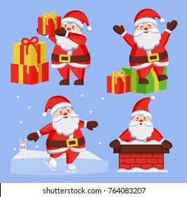 Santa Clauses set of icons. Saint Nicholas with wish gift boxes wishes Merry xmas, Father Christmas in chimney made of bricks, playing outdoors vector