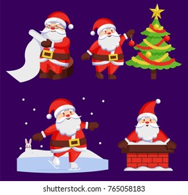 Santa Clauses set of icons. Saint Nicholas with wish list, Santy decorates tree, Father Christmas in chimney made of bricks, playing outdoors vector set