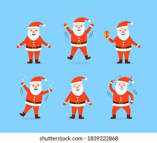 Santa Clauses set is ready for the new year and christmas. Collection of funny cartoon characters with different emotions and New Year items. Cartoon holiday moving characters. Vector illustration.
