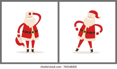 Santa Clauses set tired Father Christmas put off hat and holds hand on head and with stretched hands side view vector illustration icons isolated on white