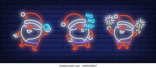 Santa Clauses with snowball and sparklers neon signs set. Christmas, New Year Day design. Night bright neon sign, colorful billboard, light banner. Vector illustration in neon style.