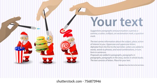 santa clauses with soda, cake and candy. place under your text. vector illustration for your design