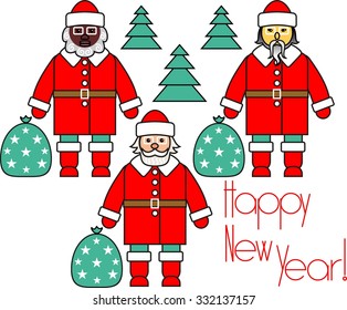 Santa Clauses of three races. Happy New Year! Set. White background. Modern concept for new year cards, tickets for new year party, branding, logo, label.Design elements for new year background.Vector