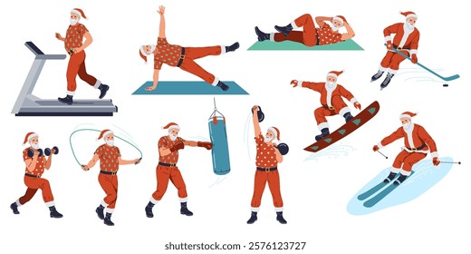 Santa Clauses training actively flat color vector icon set. Sportive Saint Nicolas preparing for Christmas characters pack on white background