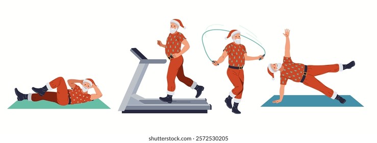 Santa Clauses training in gym flat color vector icon set. Sportive Saint Nicolas preparing for Christmas characters pack on white background