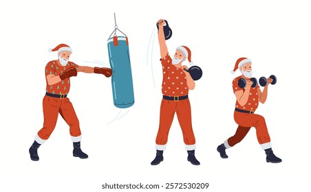 Santa Clauses training with sports equipment flat color vector icon set. Saint Nicolas preparing for Christmas characters pack on white background