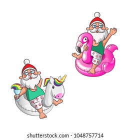 Santa Clauses with Unicorn and Flamingo swim rings on summer vacation