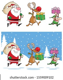 Santa Claus,Reindeer And Elf Running In Christmas Night. Vector Collection Set