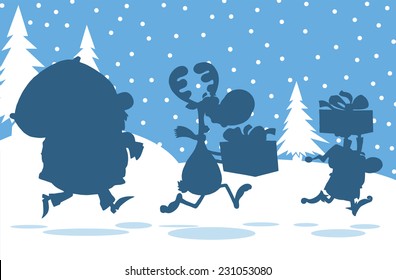 Santa Claus,Reindeer And Elf Running In Christmas Night  Silhouettes Design Card. Vector Illustration 