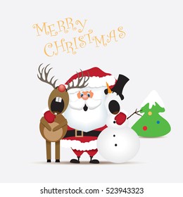 Santa Claus,reindeer and snowman singing a Christmas carol.Vector illustration.