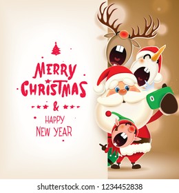 Santa Claus,Reindeer,Snowman and Elf taking selfie next to textual Christmas signboard isolated on a sparkle ocher background