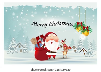 Santa claus,Reindeer,with Gift Box, Ornament merry christmas and Happy New Year,Winter background greeting card vector