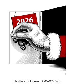 La gran mano de Papá Noel abre una puerta Pequeña con la inscripción 2026. Ilustración vectorial en grabado vintage en blanco y negro y estilo lineal