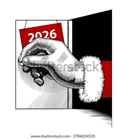 Santa Claus's big hand opens a small door with the inscription 2026. Vector illustration in vintage black and white engraving and linear style