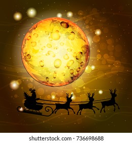 Santa Claus's Santa Claus on the background of the yellow planetary moon. silhouette. new year concept. illustration. yellow, gold tones