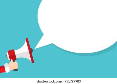 Santa Claus's hand holding megaphone with blank speech bubble. Concept for social networks, promotion and advertising. Flat design vector illustration.