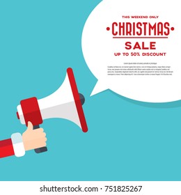 Santa Claus's hand holding megaphone with christmas sale speech bubble. Concept for social networks, promotion and advertising. Flat design vector illustration.