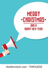 Santa Claus's hand holding megaphone with merry christmas speech bubble. Concept for social networks, promotion and advertising. Flat design vector illustration.