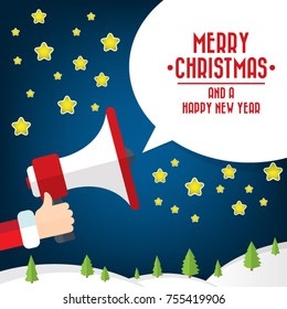 Santa Claus's hand holding megaphone with merry christmas speech bubble. Concept for social networks, promotion and advertising. Flat design vector illustration.