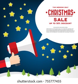 Santa Claus's hand holding megaphone with christmas sale speech bubble. Concept for social networks, promotion and advertising. Flat design vector illustration.