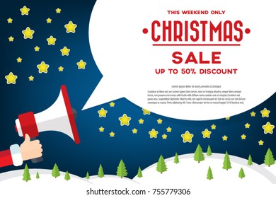 Santa Claus's hand holding megaphone with christmas sale speech bubble. Concept for social networks, promotion and advertising. Flat design vector illustration.