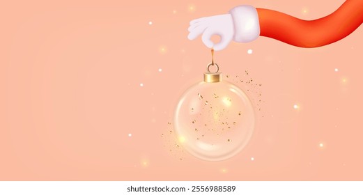 Santa Clauss hand holds a Christmas ball on a pink background. 3d render, vector