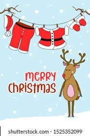 Santa Claus's hanging clothes with Merry Christmas text. Hand drawn lettering for Xmas greetings cards, invitations. Good for t-shirt, mug, scrap booking, gift, printing press. Holiday quotes.