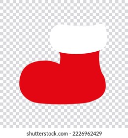 Santa Claus's red boot is on a transparent background. Flat vector illustration. Icon for Christmas designs, festive prints, papers, decorations, banners, stickers, invitations, and cards.
