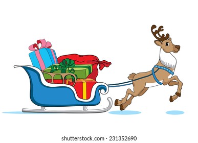 Santa Claus's reindeer with blue sleigh deliver Christmas gifts