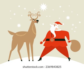 Santa Claus's reindeer and Santa Claus. Christmas and New Year Greeting card.	
