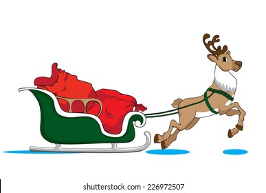 Santa Claus's reindeer with green sleigh deliver Christmas gifts