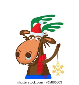 Santa Claus's Reindeer. Moose Portrait In A Santa Cap. Funny Cartoon Smile Deer Vector Holyday Image. Funny Deer With Snowflake.