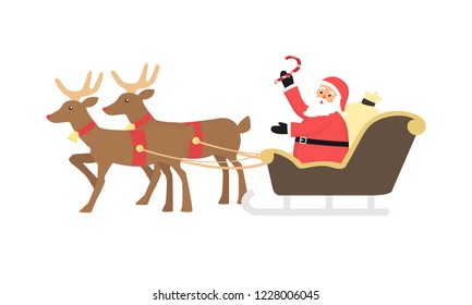 Santa Claus's reindeer pull a sleigh through the night sky to help Santa Claus deliver gifts to children on Christmas Eve.Picture isolated on white background.