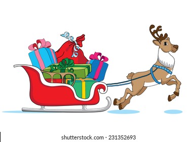 Santa Claus's reindeer with red sleigh deliver Christmas gifts