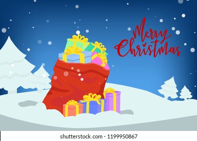 Santa Claus's sack and boxes of gift on snow falling background. concept  design for Christmas and new year postcard in vector illustration element.