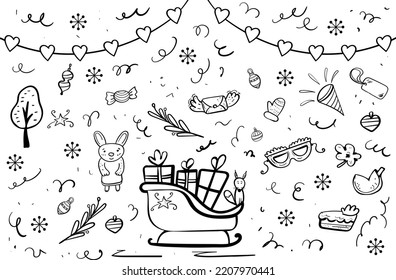 Santa Claus's sleigh with gifts. Christmas decorations and forest animals coloring page in cartoon style