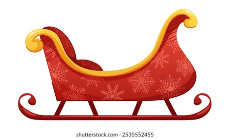 Santa Claus's sleigh on white background. Cartoon red sleigh with gold. Vector isolated illustration