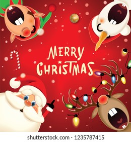 Santa Claus,Snowman,Elf and decorated Reindeer with glowing Christmas lights singing Christmas carol in the winter snow scene