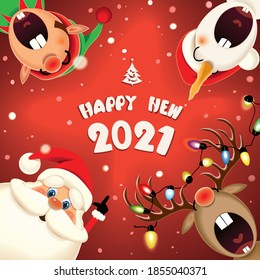 Santa Claus,Snowman,Elf and decorated Reindeer with luminous electric garland singing Christmas carol in the winter snow scene,text Happy New 2021