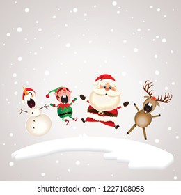 Santa Claus,Snowman,Reindeer and Elf dancing and singing Christmas carol on the north pole