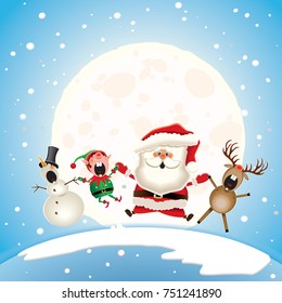 Santa Claus,Snowman,Reindeer and Elf dancing and singing Christmas carol on the north pole. Vector illustration.