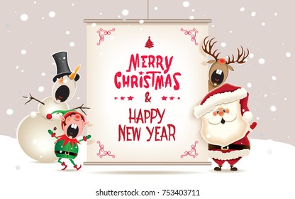 Santa Claus,Snowman,Reindeer and Elf with textual signboard.Christmas companion with Happy New Year and Merry Christmas calligraphy lettering.Vector illustration for Christmas greeting.