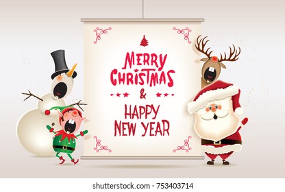 Santa Claus,Snowman,Reindeer and Elf with textual signboard.Christmas companion with Happy New Year and Merry Christmas calligraphy lettering.Vector illustration for holiday greeting.