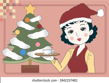 Santa Claus-style waitress carrying a cafe - Retro cafe image