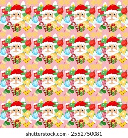 Santa Claus-themed Christmas pattern featuring cheerful Santa faces, colorful gifts, festive ornaments, stockings, candy canes, and snowflakes on a vibrant pink background