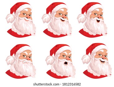 Santa Clays set, a set of 6 of these Santa emotions. On a white background. Evil, kind, eternal.